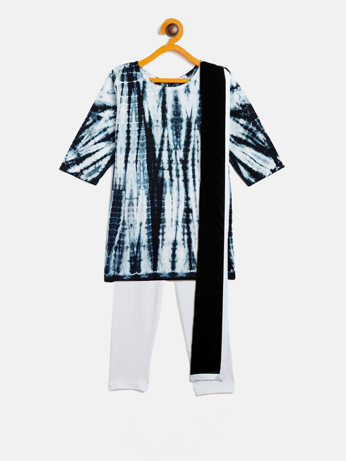 Vastramay SISHU Girls Black & White Pure Cotton Tie-Dye Kurta Leggings & Dupatta Set